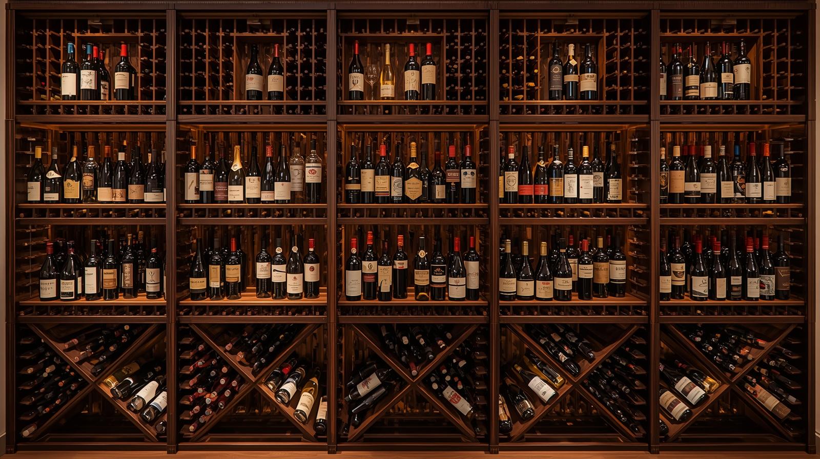 A large, well-organized modular wine rack made of wood, filled with many bottles of wine.