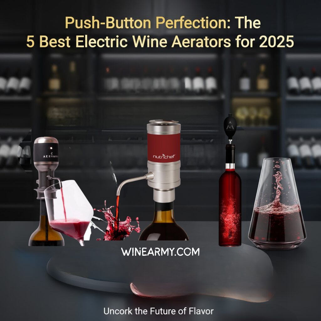 A sleek electric wine aerator dispensing an aerated stream of red wine into a glass.