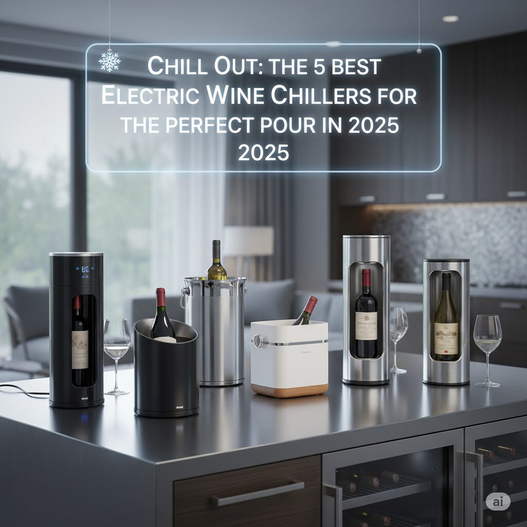 A sleek, single-bottle electric wine chiller on a modern countertop, holding a bottle of white wine.