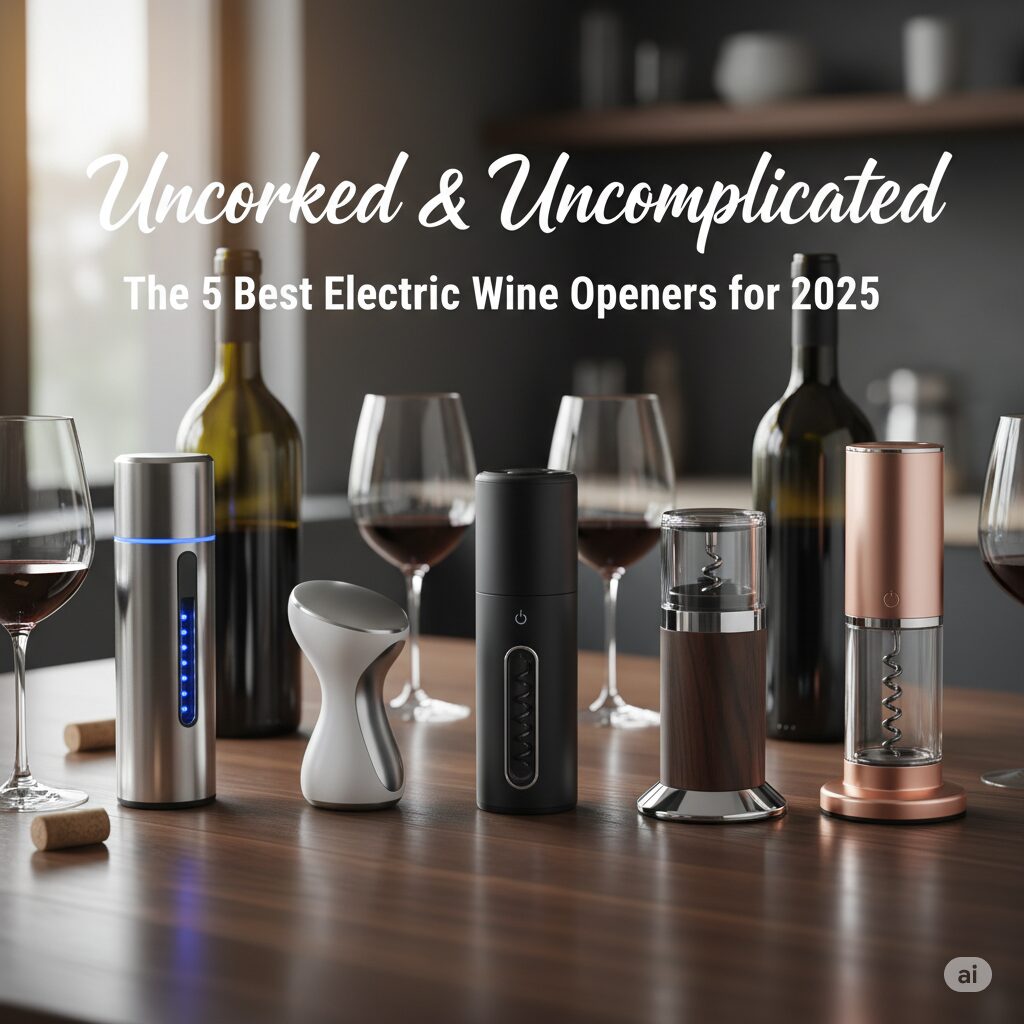 A person effortlessly opening a bottle of red wine with a sleek electric wine opener.