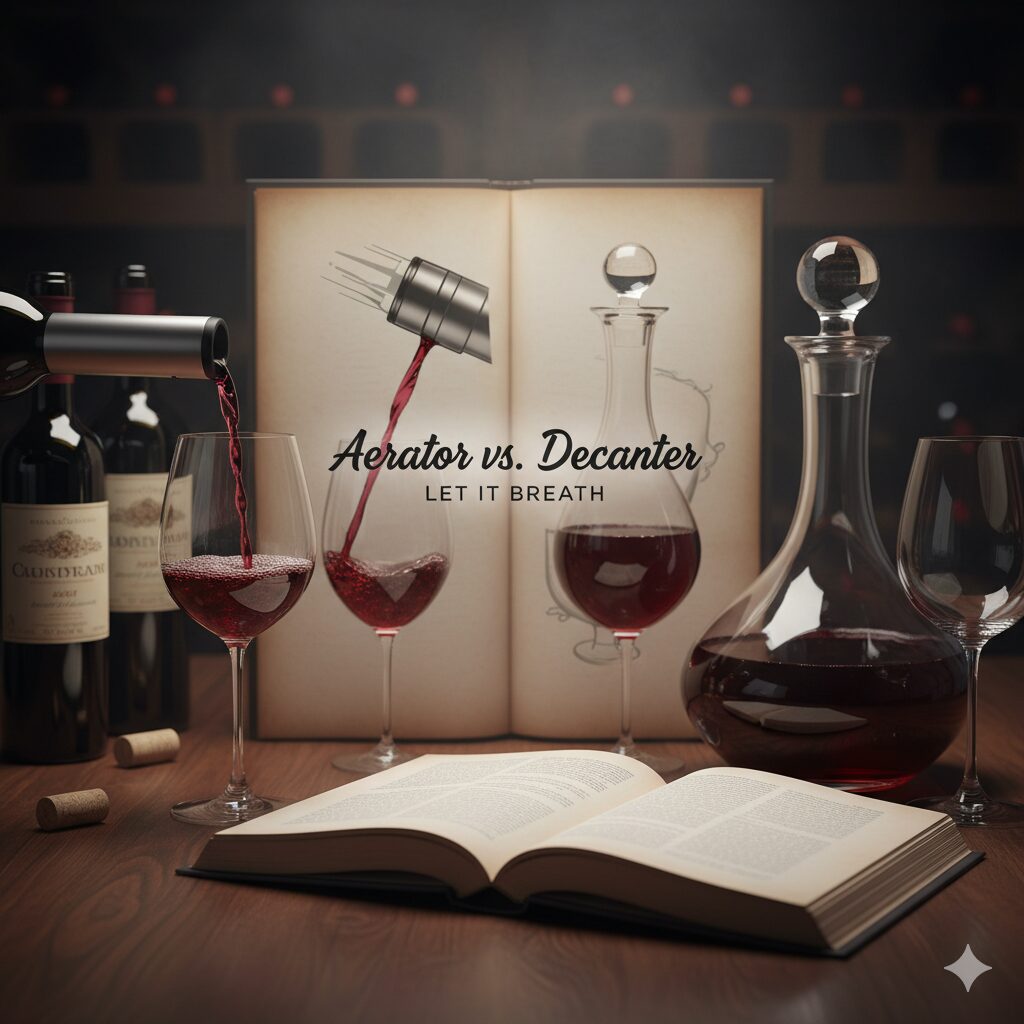 A classic wine decanter and a modern wine aerator side-by-side on a table.