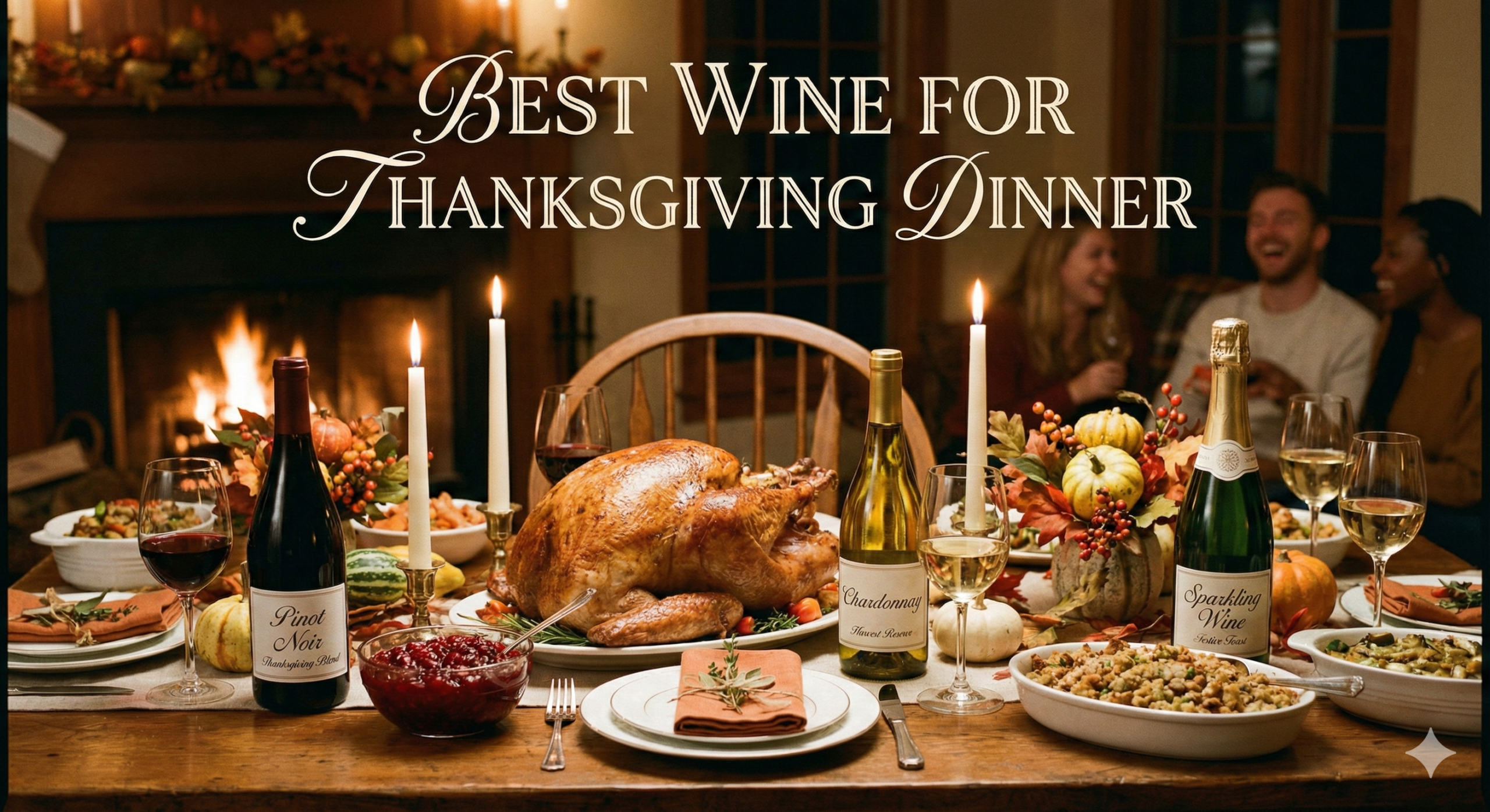 Thanksgiving dinner table setting with roast turkey, sides, and red wine glasses