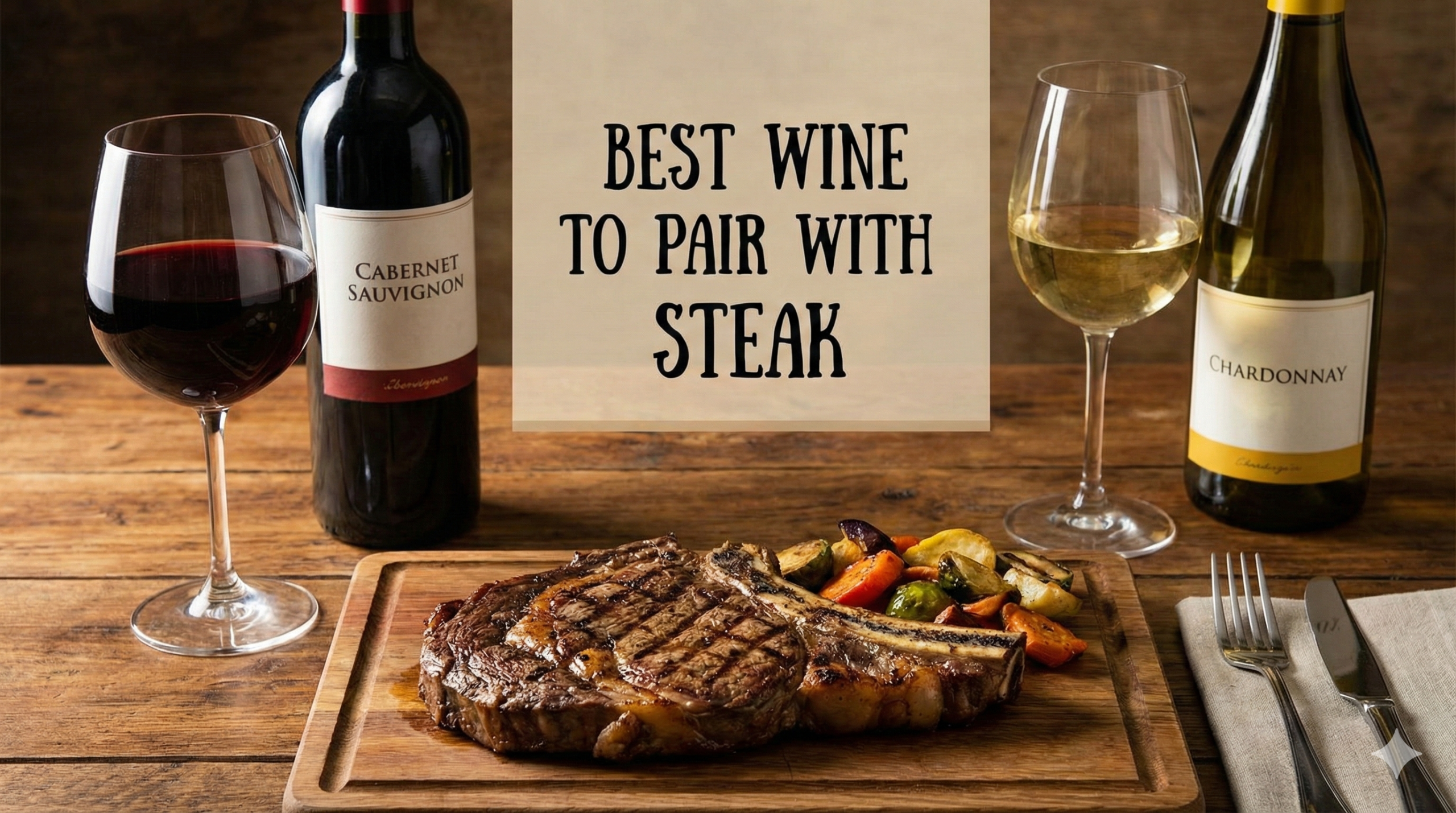 Perfectly cooked steak paired with a glass of red wine on a rustic table