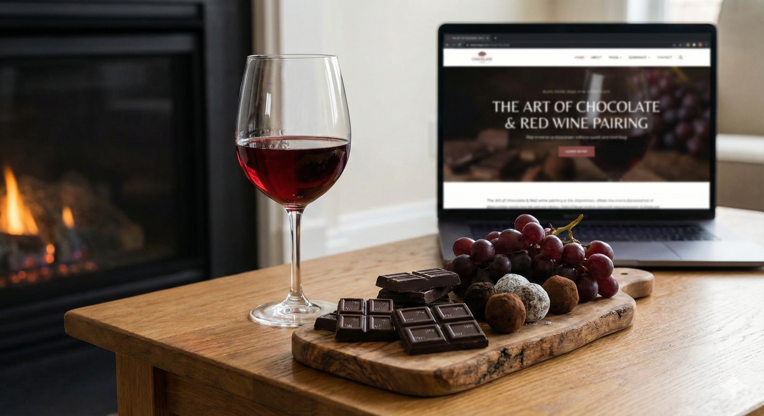 Elegant dark chocolate squares paired with a glass of red wine