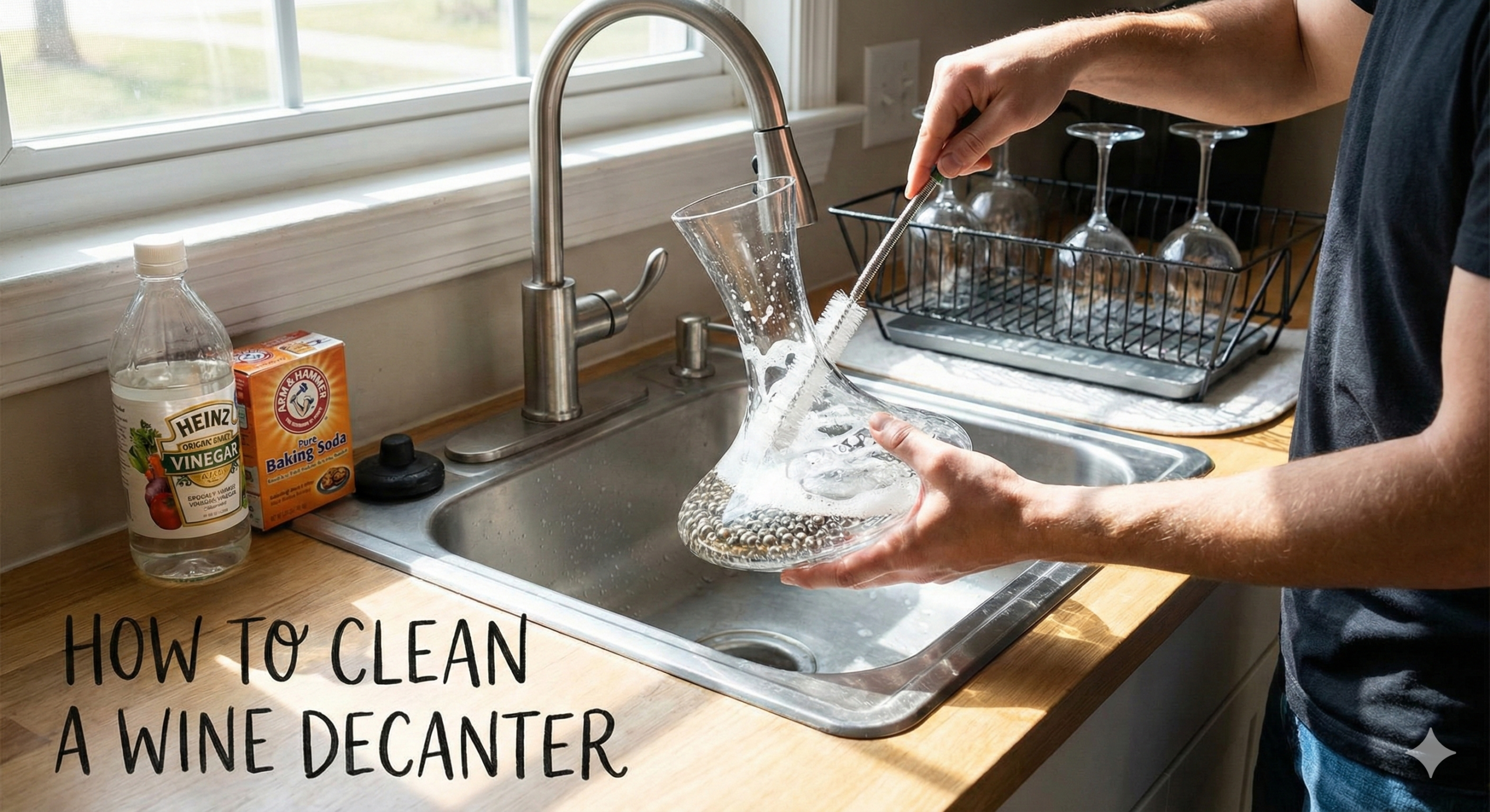 Crystal clear wine decanter sparkling in the light