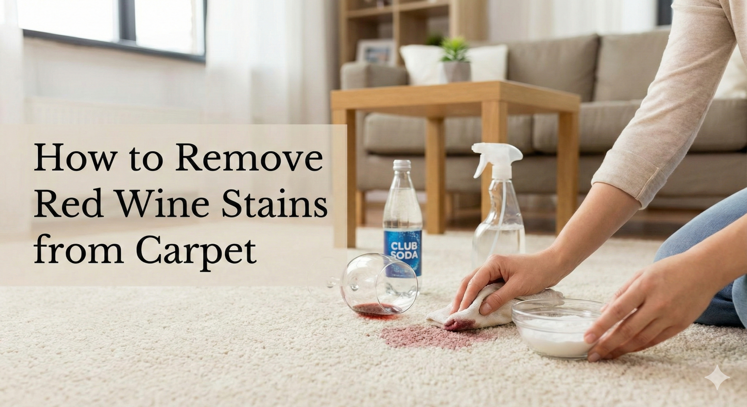 Red wine glass spilled on light beige carpet