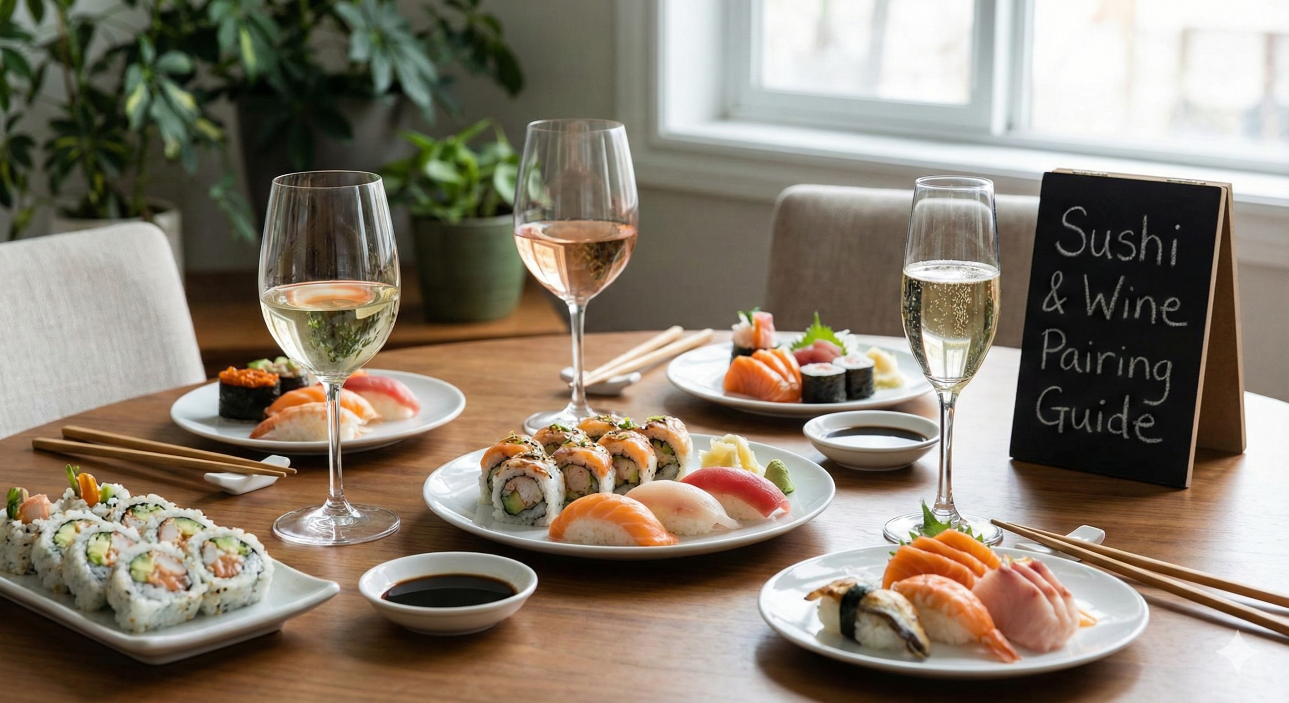 Elegant sushi platter paired with white wine glasses