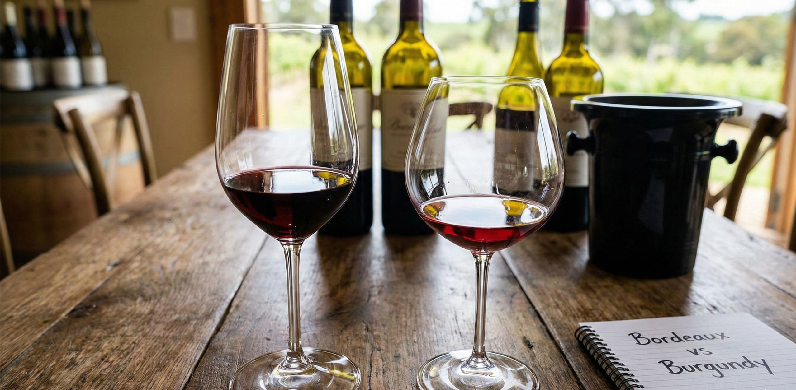Bordeaux vs Burgundy wine glasses side by side on a tasting table
