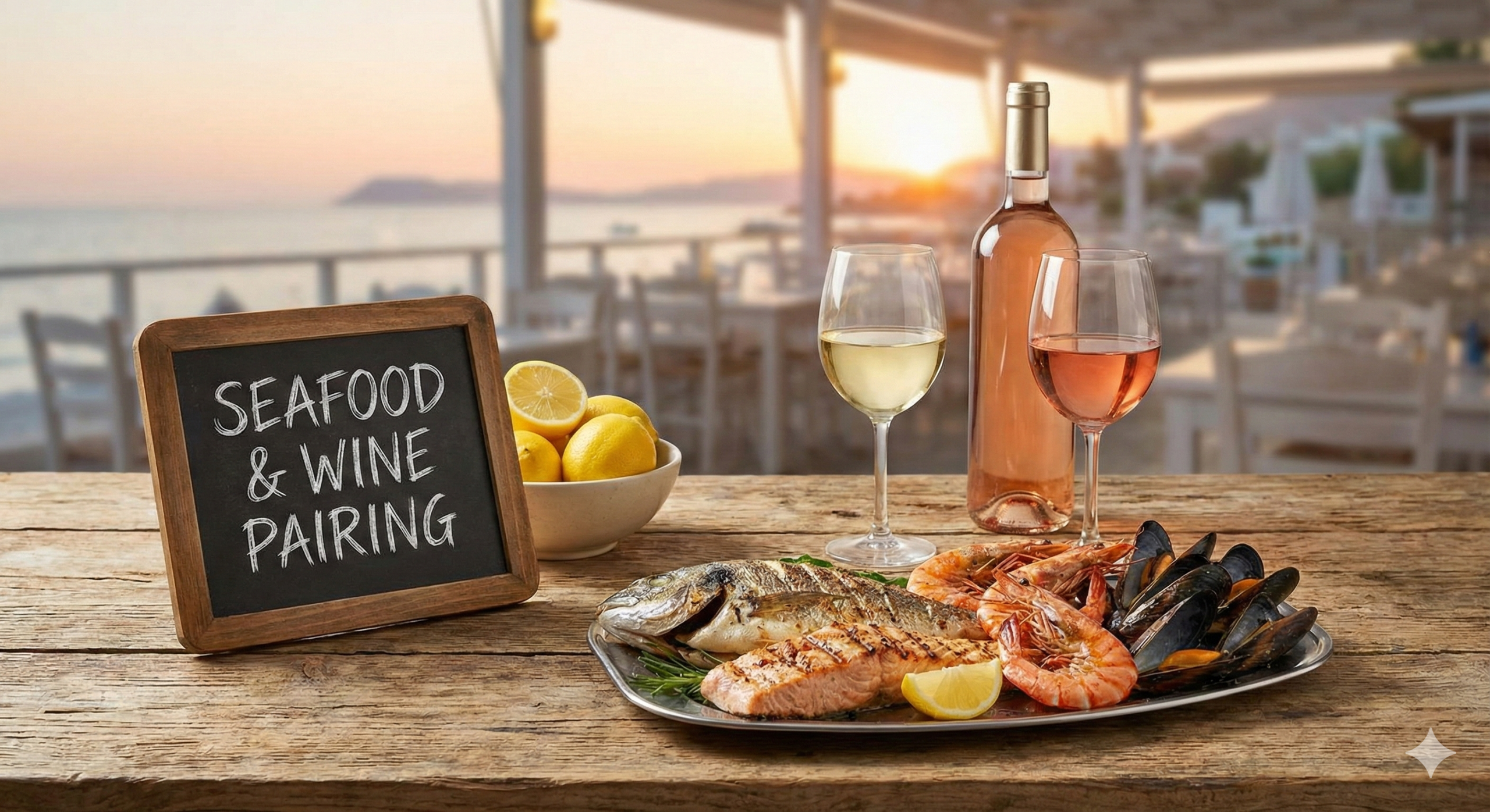 Fresh seafood platter paired with white wine glasses by the ocean