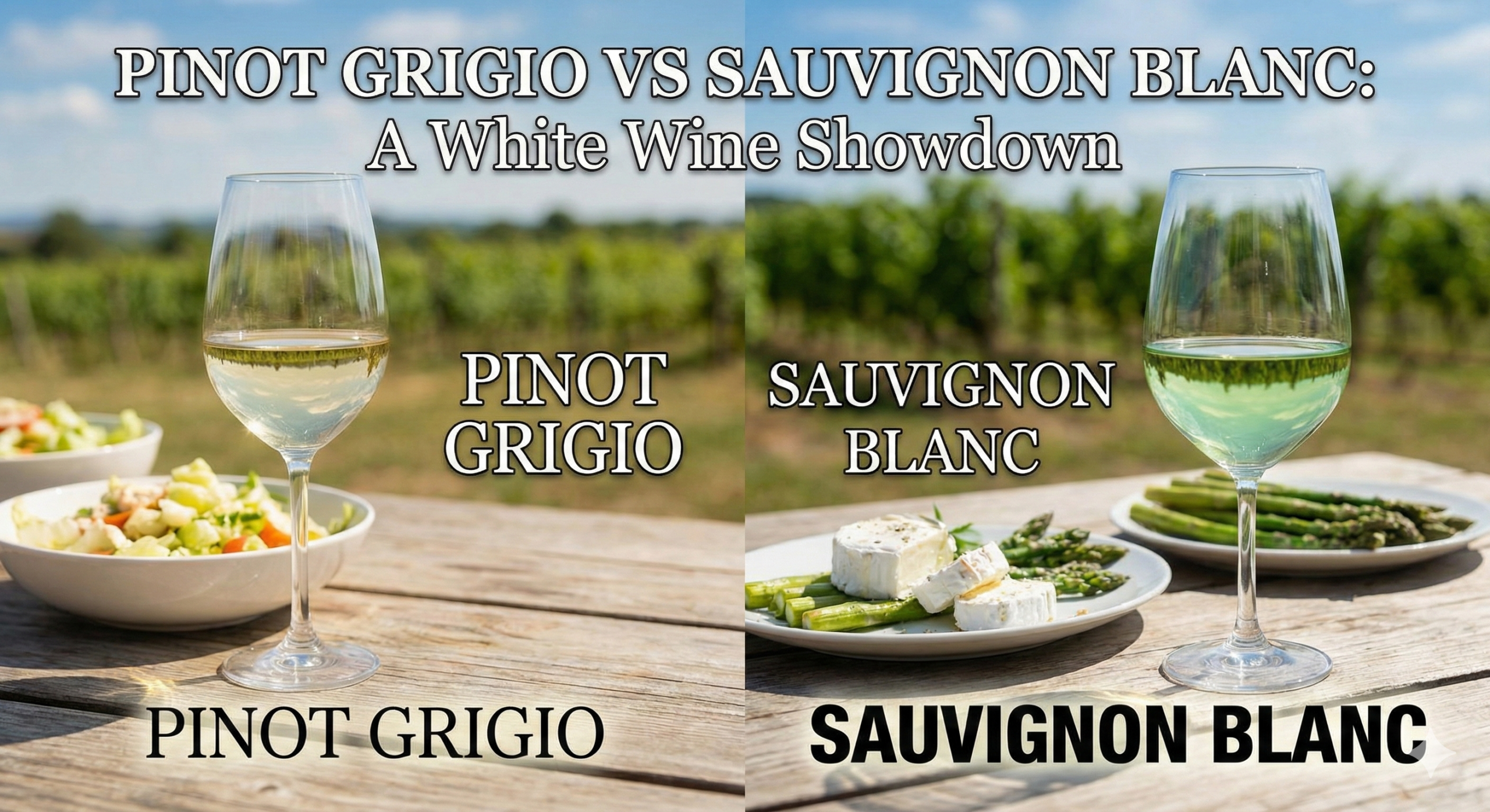 Two glasses of chilled white wine in a vineyard setting