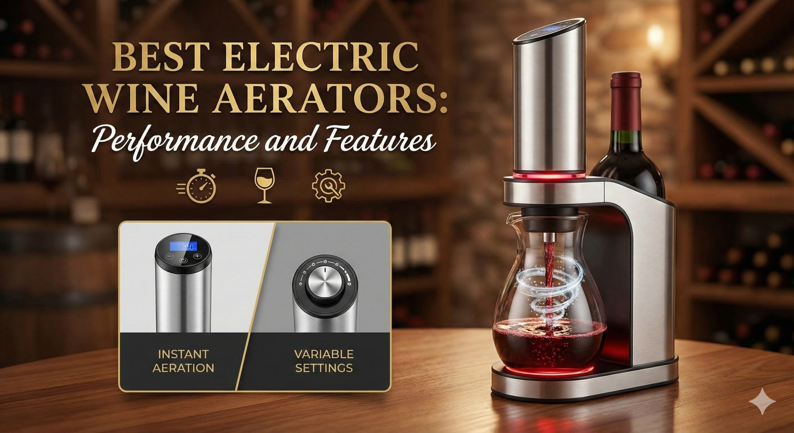 A sleek electric wine aerator dispensing an aerated stream of red wine into a glass.