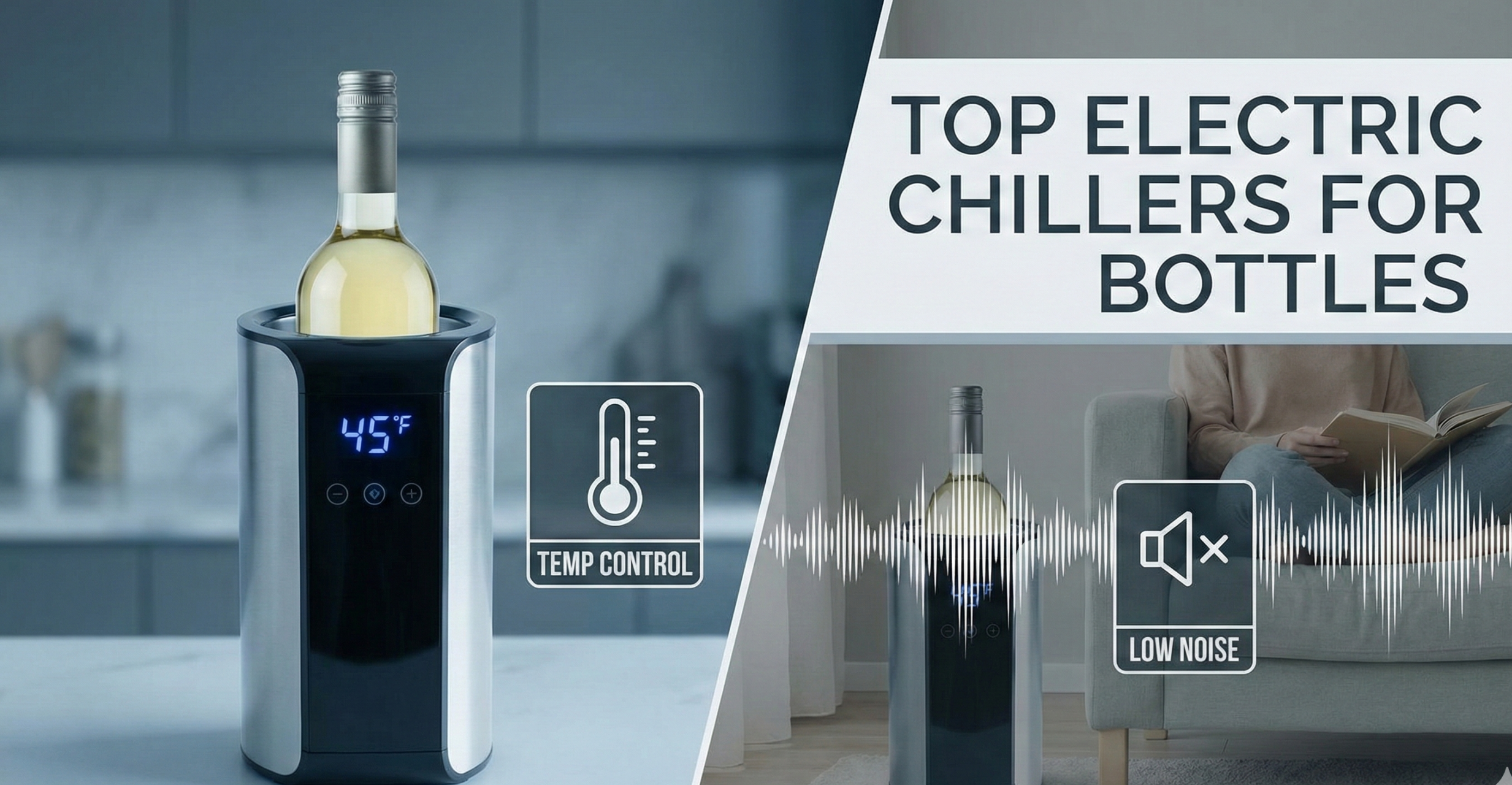 A sleek, single-bottle electric wine chiller on a modern countertop, holding a bottle of white wine.