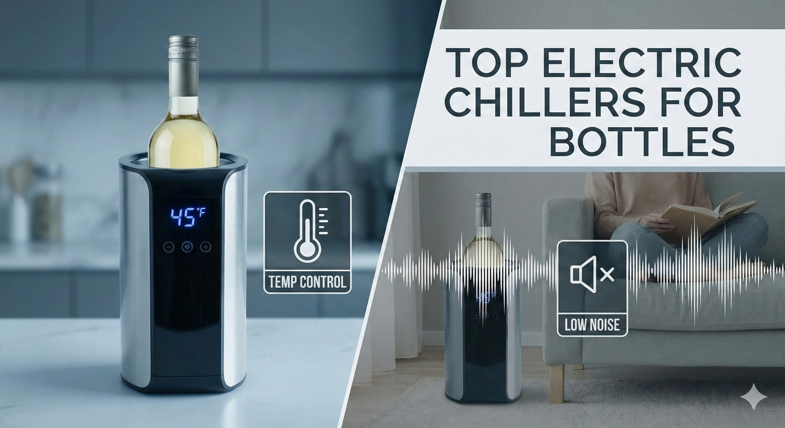 A sleek, single-bottle electric wine chiller on a modern countertop, holding a bottle of white wine.