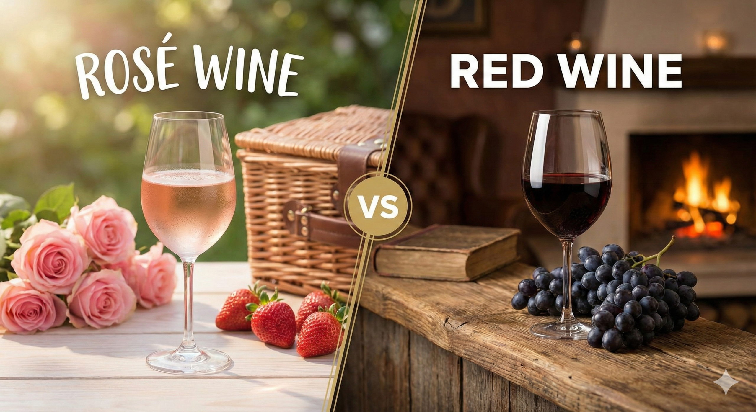 Comparison of a glass of dark red wine and a glass of pale rosé