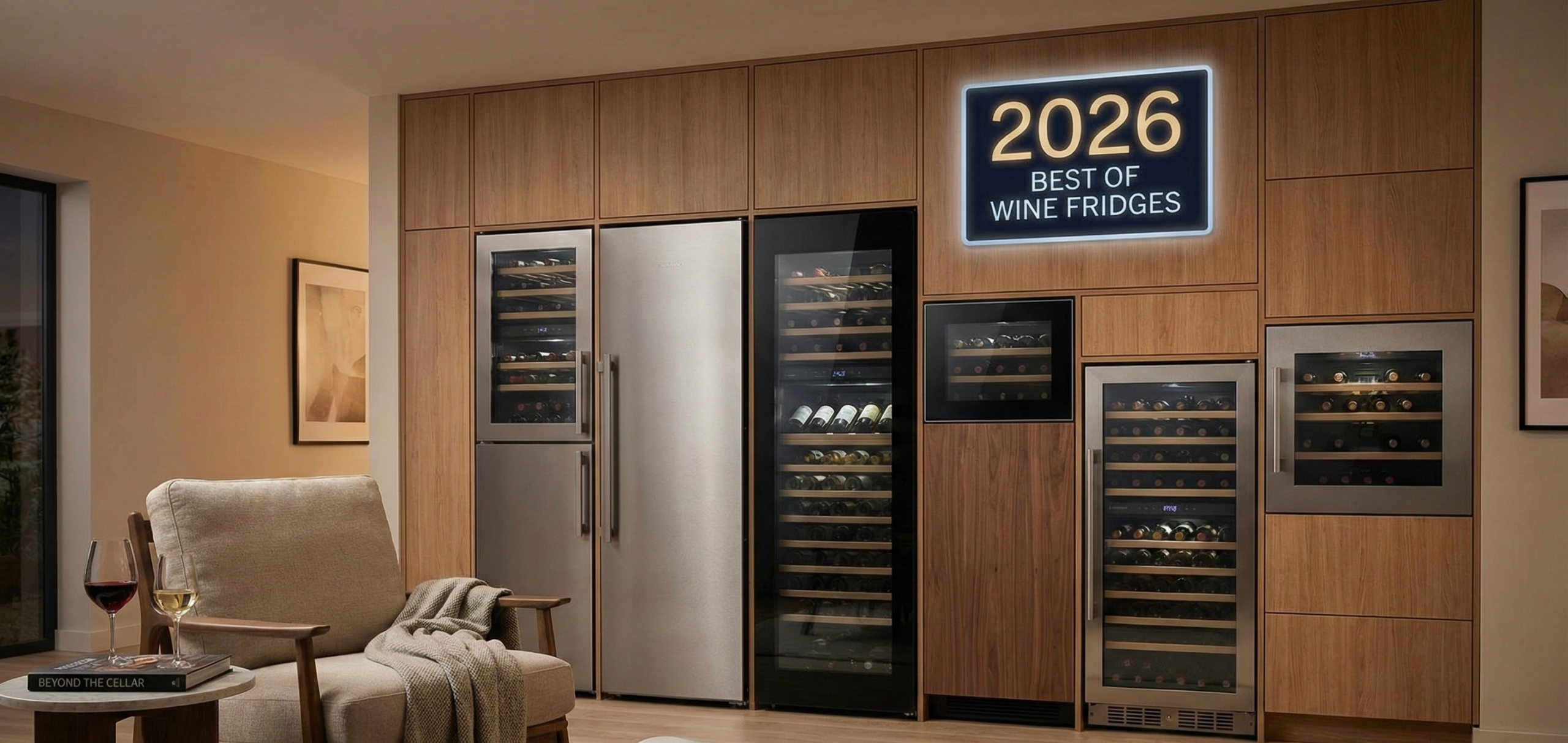 Modern wine fridge interior with organized bottles, soft lighting