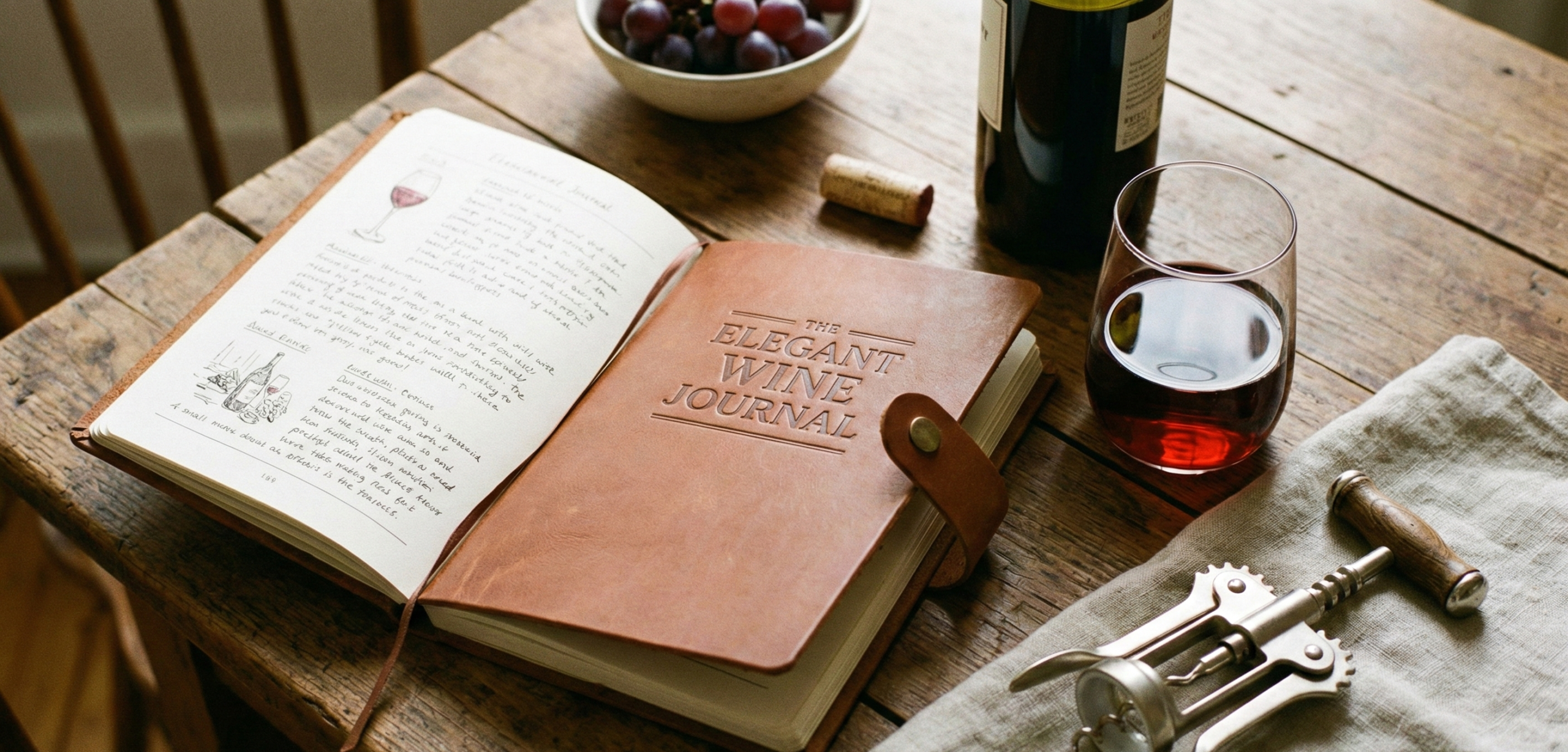 Elegant wine journal next to a glass of red wine and corkscrew