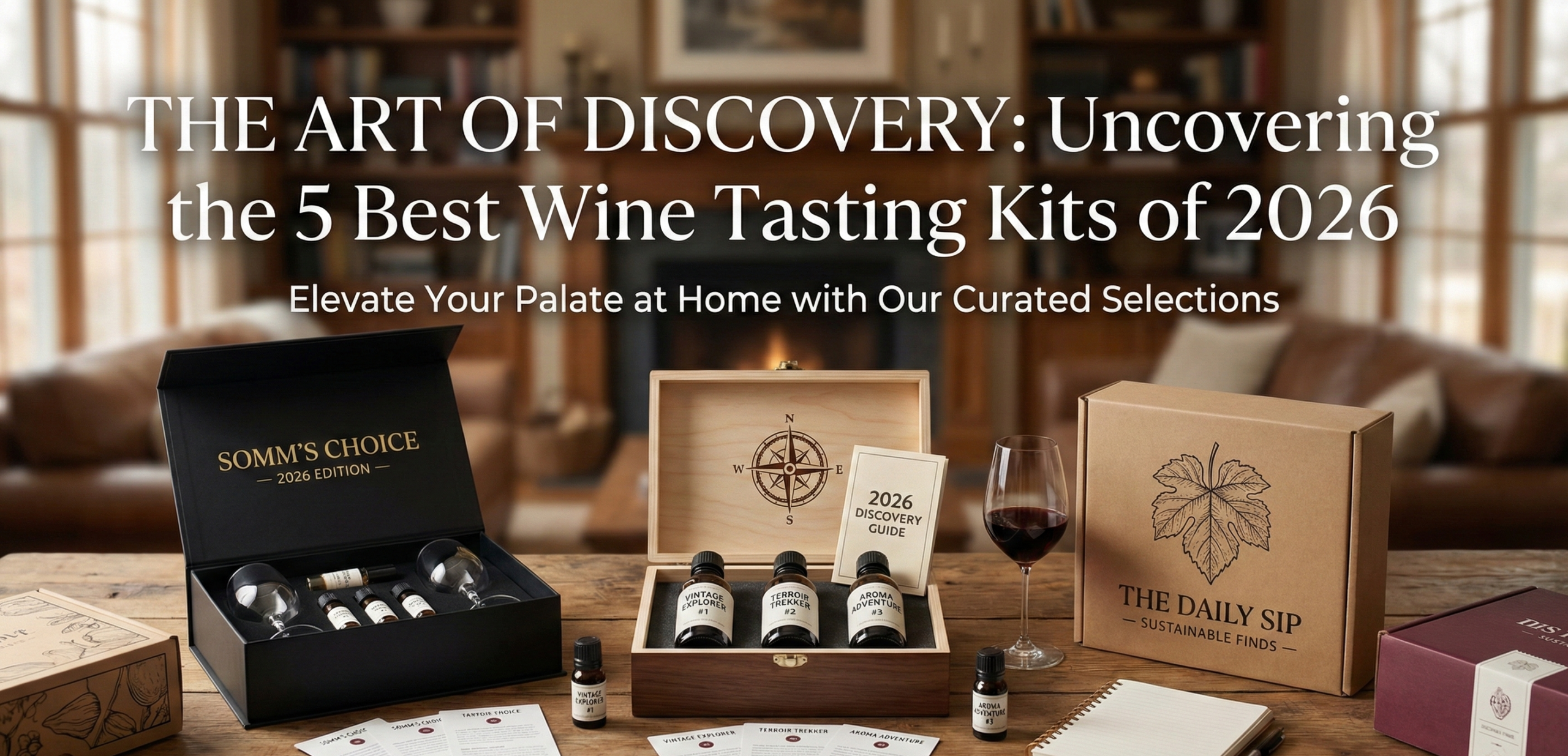 Elegant wine tasting setup with glasses, tasting mat, and aroma kit