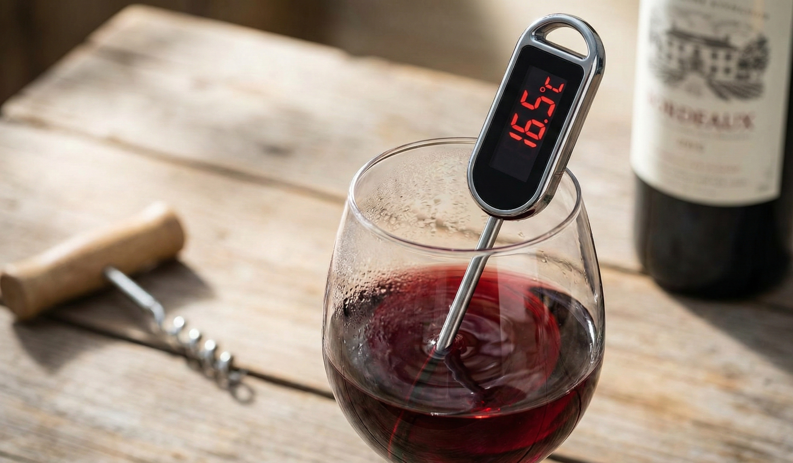 Close-up of a digital wine thermometer in a glass of red wine