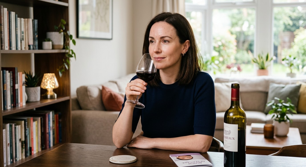 Woman relaxing with a glass of wine after a beauty treatment at home