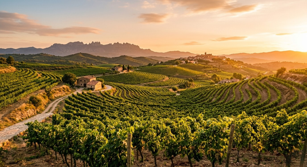 Rolling vineyard hills in Catalonia, Spain at golden hour