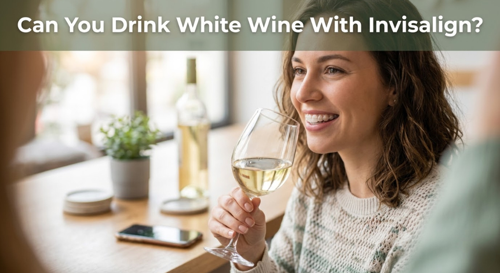 Glass of white wine on a table next to a clear dental aligner tray