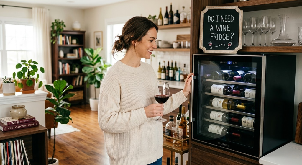 Bottles of wine stored in a built-in wine fridge in a modern kitchen