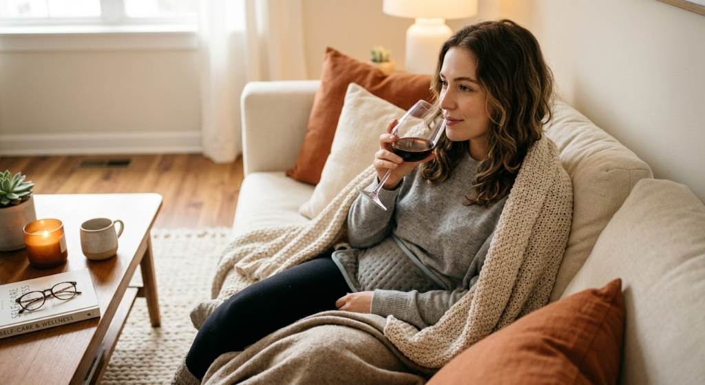 A glass of red wine resting on a soft blanket beside a warm candle