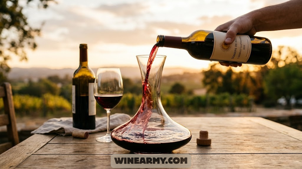 A glass wine decanter with a deep red Cabernet Sauvignon being poured in warm evening light
