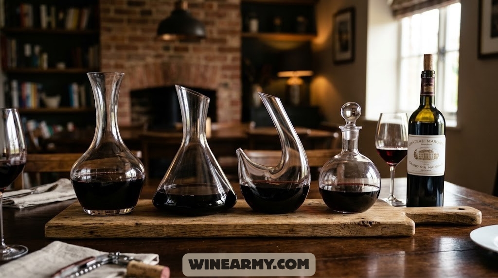 A selection of wine decanters in various shapes on a wooden serving board alongside a bottle of red Bordeaux