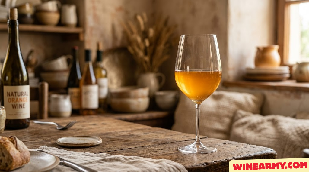 Close-up of orange wine being poured into a wide-bowled glass, showing deep amber color