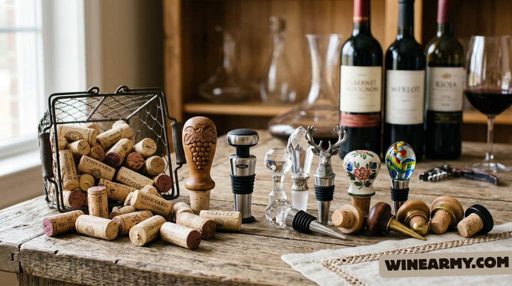 Assortment of wine stoppers and corks on a table