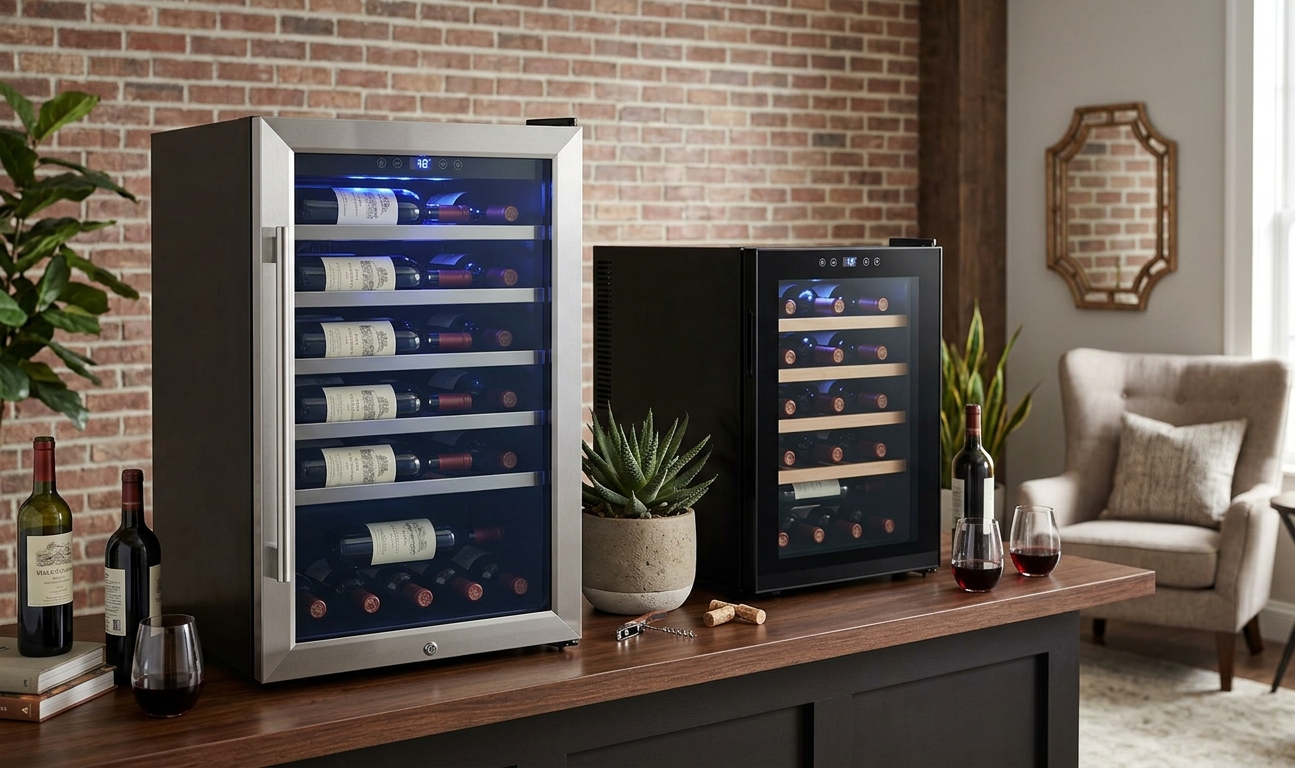 Wine cooler with bottles displayed inside