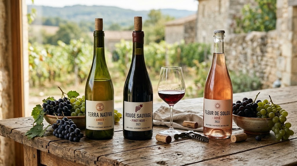 Bottles of natural wine on a rustic wooden table with grapes