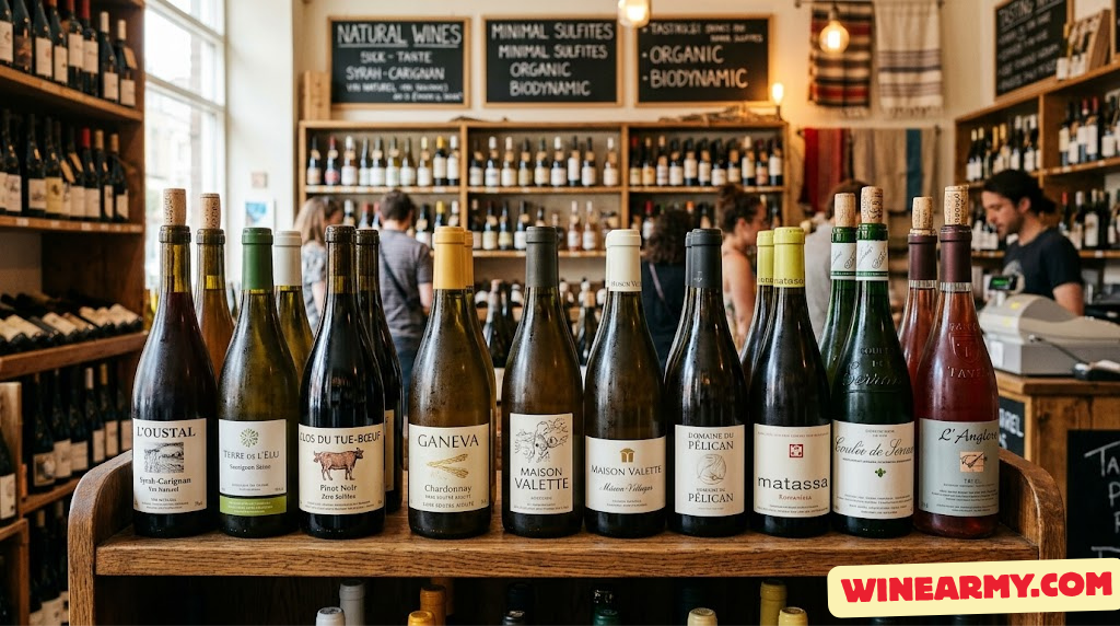 Bottles of natural wine with minimal sulfites lined up in a wine shop
