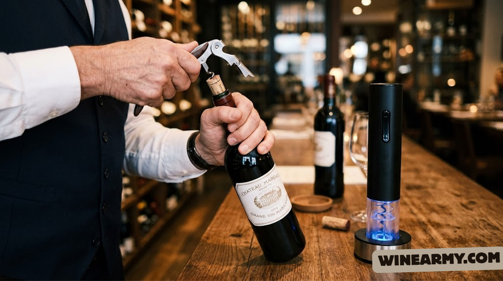 Close-up of a sommelier's hand opening a wine bottle with a waiter's corkscrew next to an electric opener