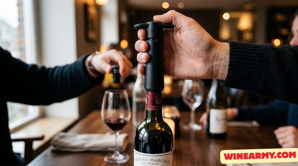 Close-up of a wine preserver pump being used on an open wine bottle