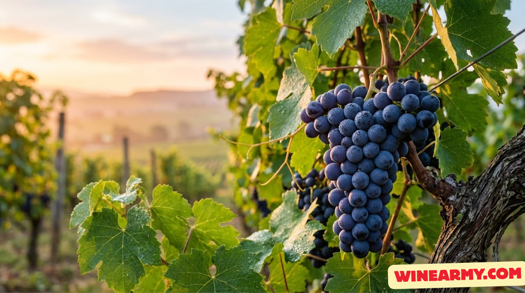Close-up of biodynamic wine grapes on the vine in early morning light