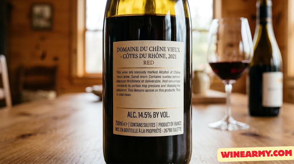 Close-up of wine label showing ABV percentage details