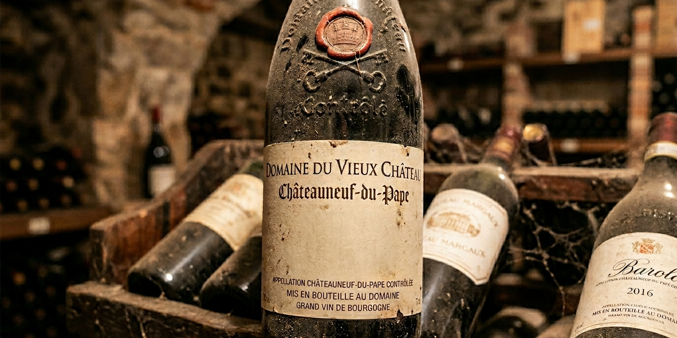 Close-up of wine label showing vintage year 2019 on a dusty bottle