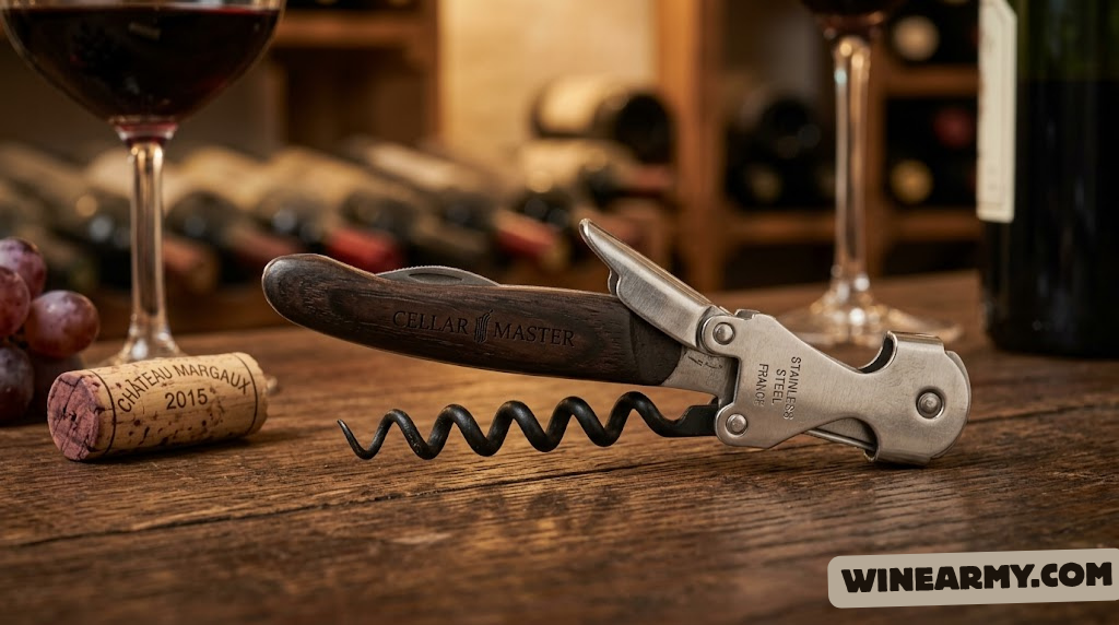 Closeup of a professional sommelier knife with double-hinge lever and Teflon-coated worm