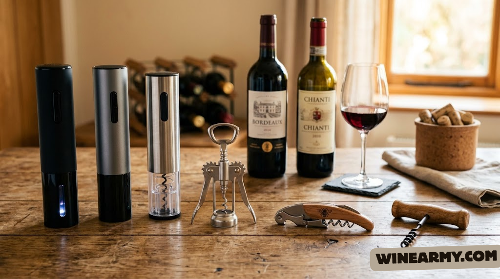Collection of electric and manual wine openers on a wooden surface
