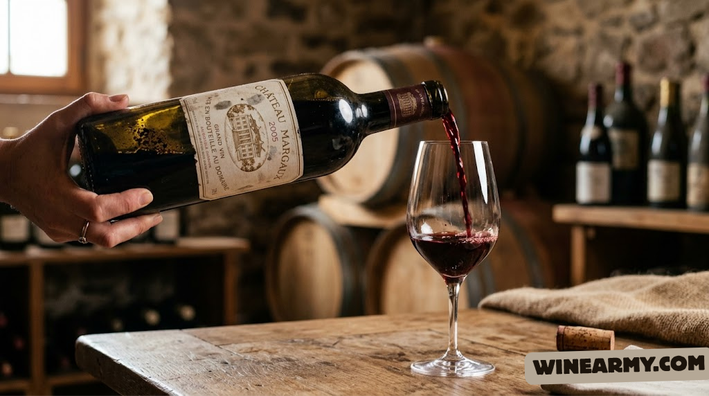 Dark red wine being poured, showing sediment at the bottom of a bottle