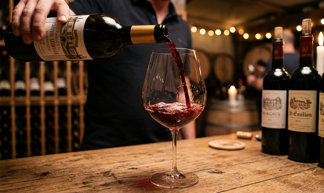 Dry red wine being poured into a large bordeaux glass