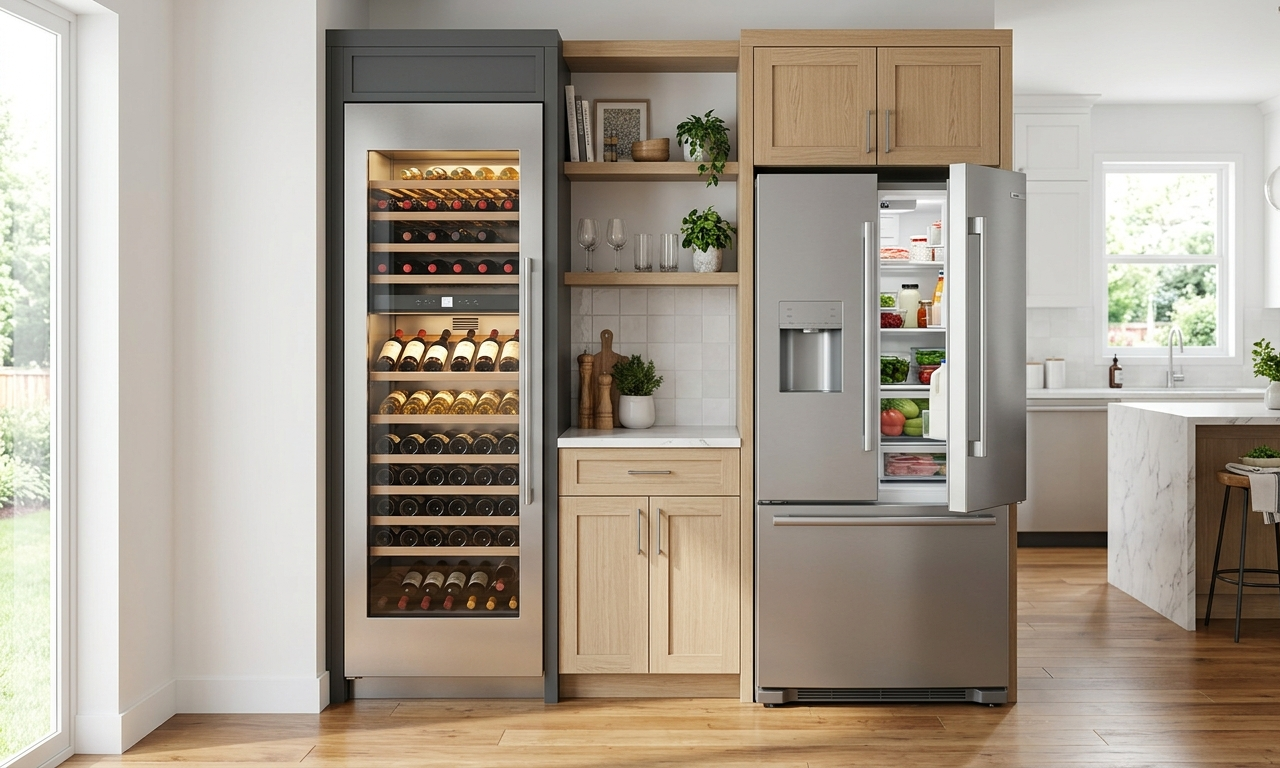 Modern wine fridge with glass door alongside a standard kitchen refrigerator