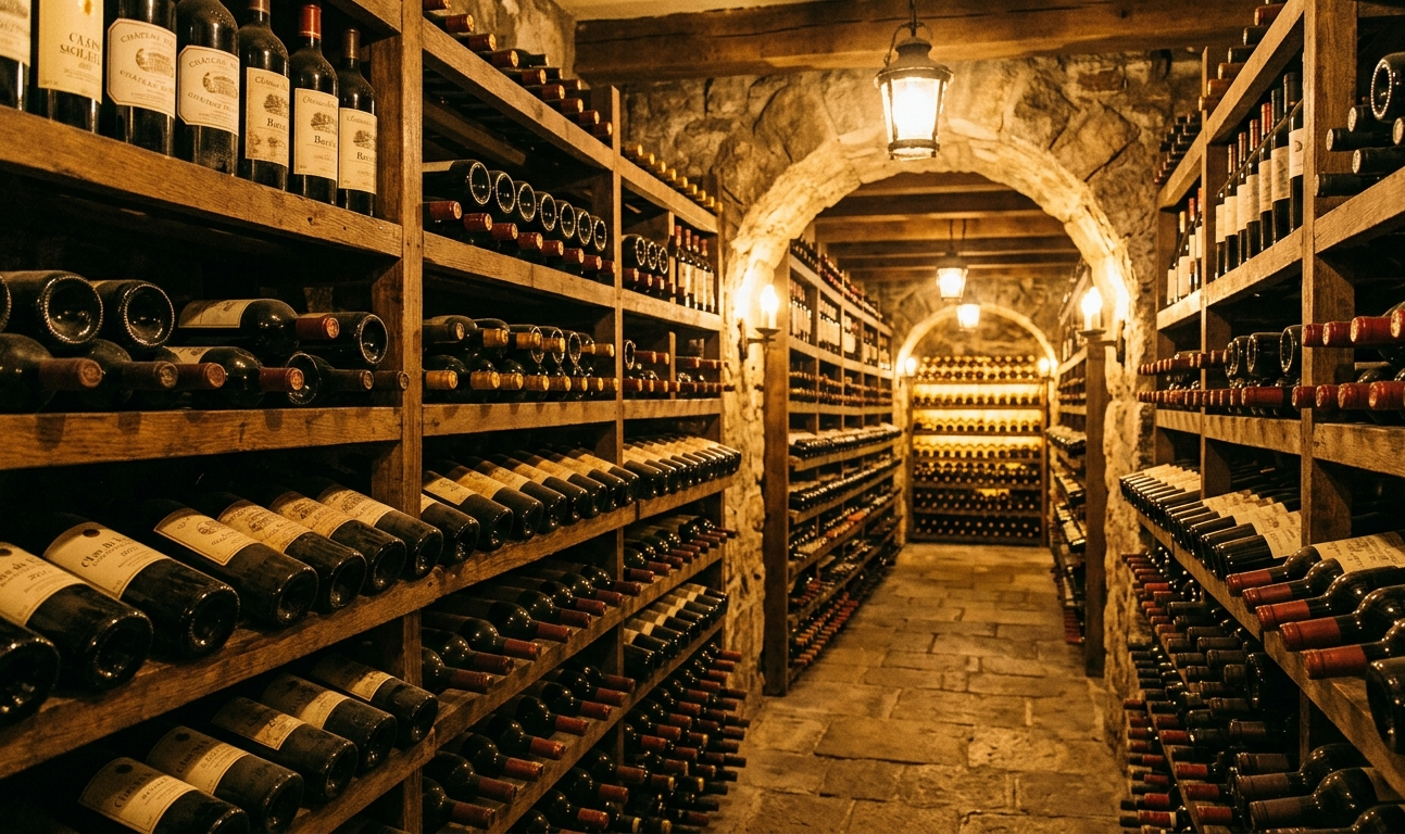 Rows of wine bottles aging in a cellar with golden lighting