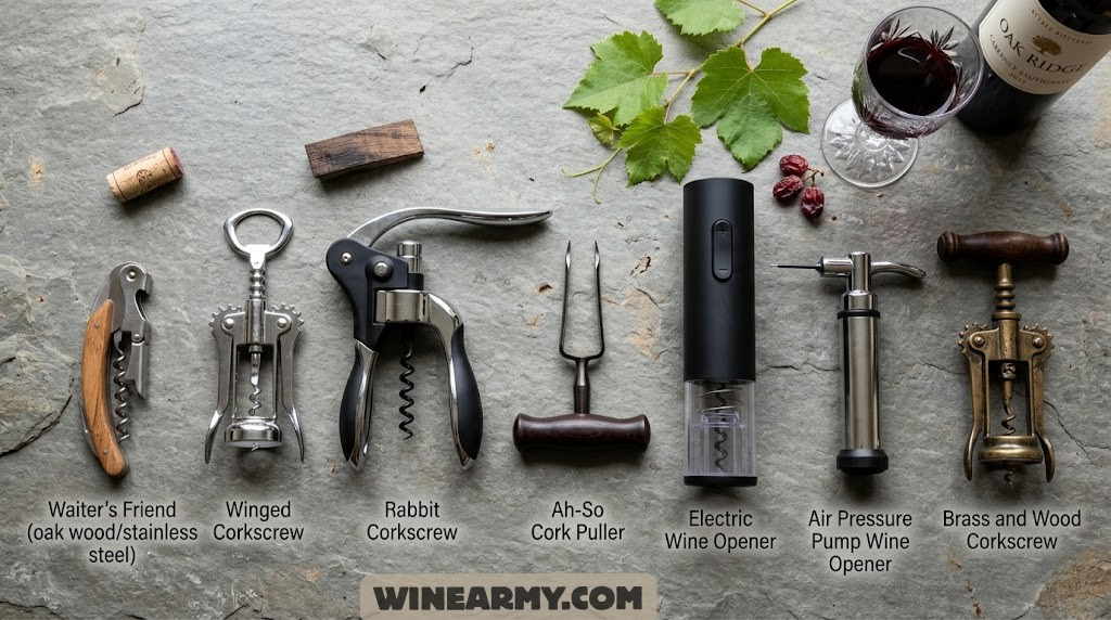 Seven different types of wine openers arranged in a flat lay on a stone surface