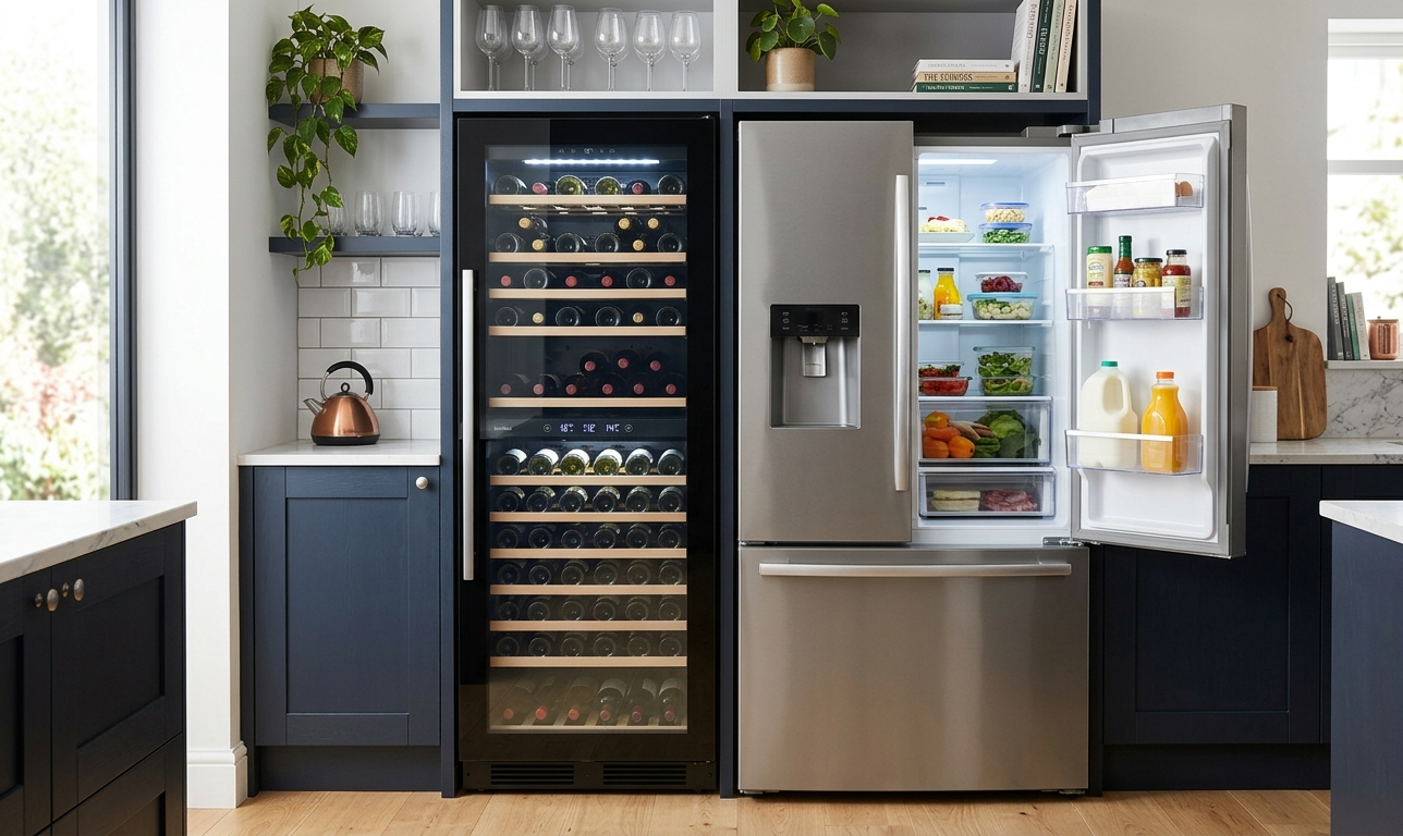Side by side comparison of a wine fridge and kitchen refrigerator