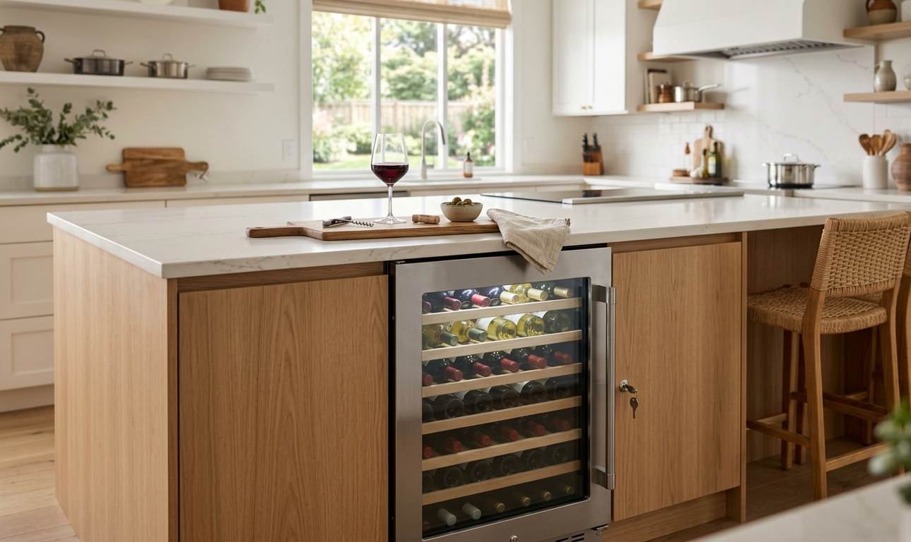 Stainless steel wine fridge with lock in a modern kitchen setting