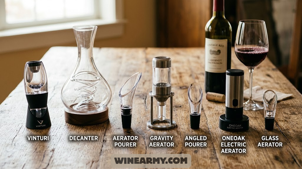 Various wine aerator types laid out on a wooden table
