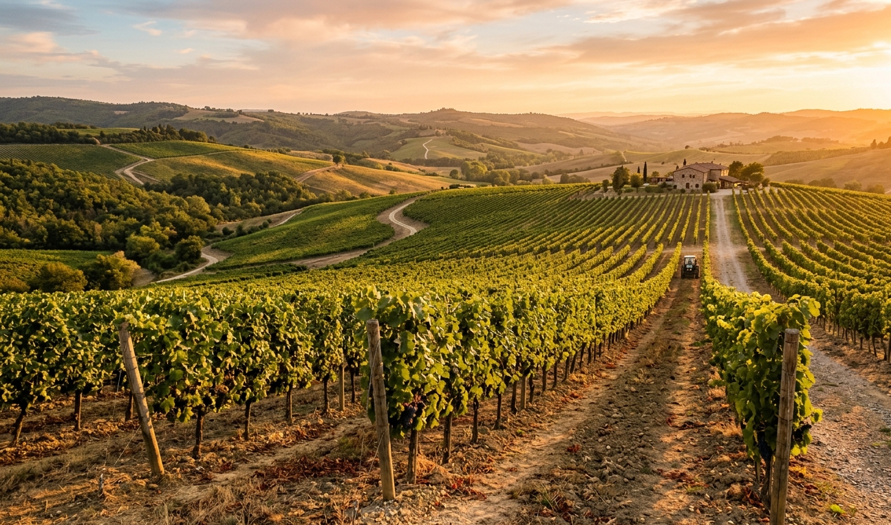 Vineyard rows at golden hour showing terroir landscape